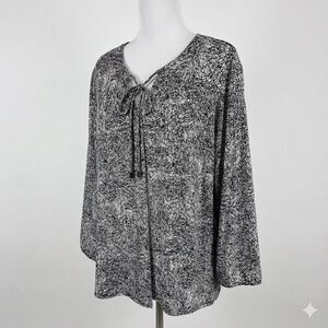 Liz Claiborne XL Black White Abstract Geometric Print Blouse Tie Neck Career